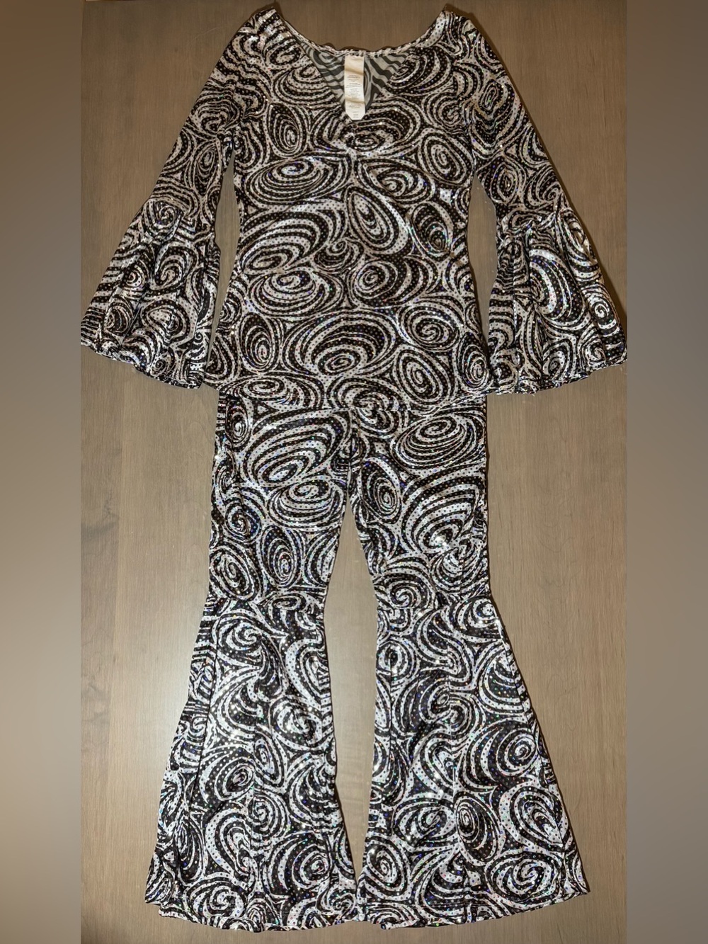 Black & White Multicolor Sequin Spiral Bell-Sleeve Three Piece Dance Costume Set